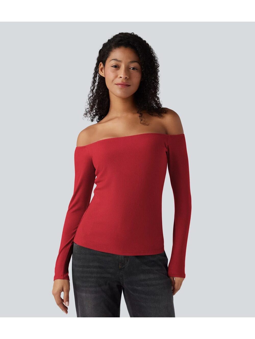 Halara Ribbed Knit Off Shoulder Long Sleeve 2-in-1 Casual Top Red Size Large